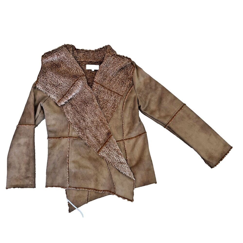 Tasha Polizzi Faux Shearling Jacket Womens M Western Suede Sherpa Coat Open Fron